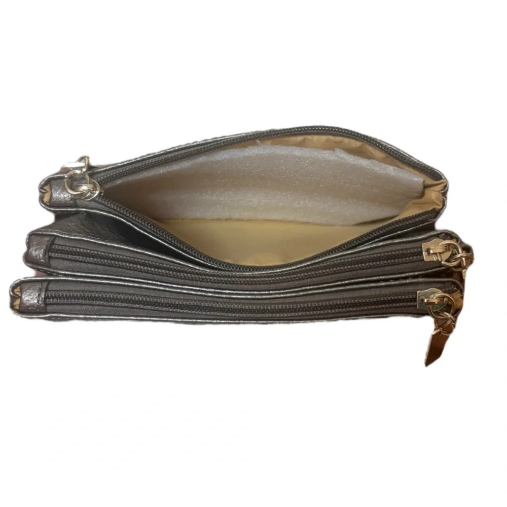 Michael Kors Crossbody Wristlet Metallic Multi Compartments Pewter Silver Gold